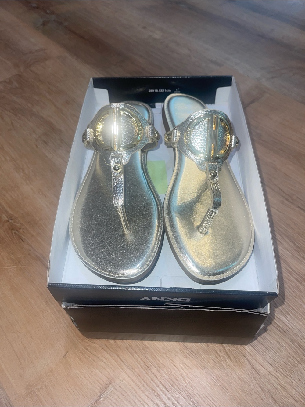 DKNY Metallic Gold Logo T-Strap Sandals for Women